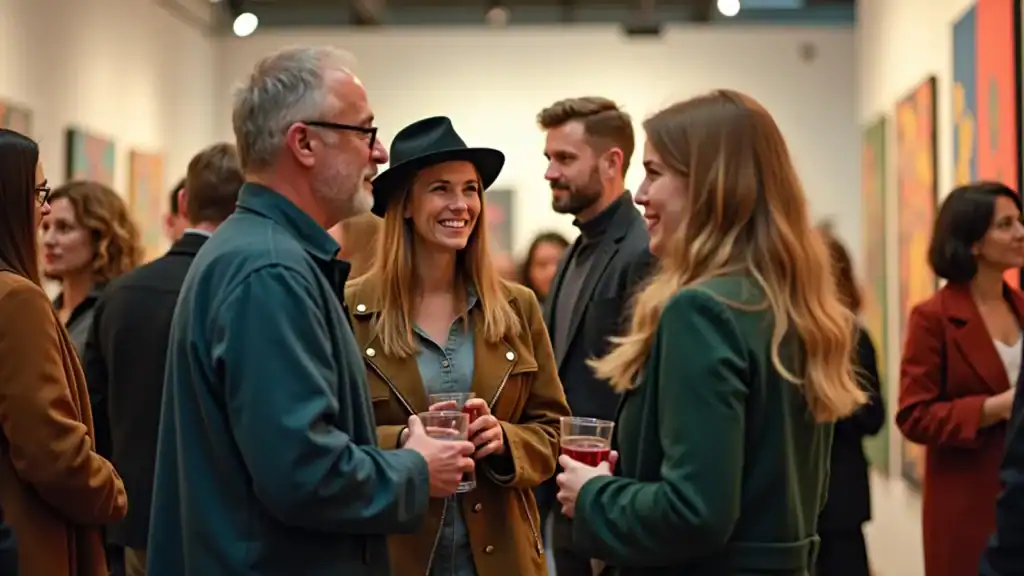 People enjoying wine and engaging in conversation at an art gallery opening.