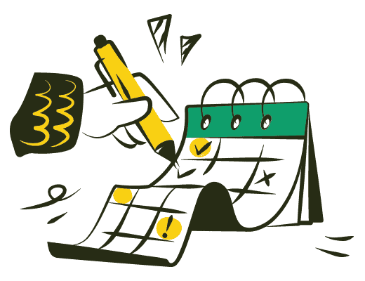 Close-up of a hand writing on a calendar with a yellow pen, marking an important date.